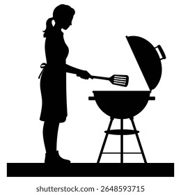 Woman wearing apron cooking on barbecue grill with spatula silhouette