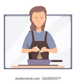 Woman wearing an apron is cracking an egg into a pan while cooking in her kitchen