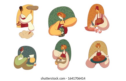 Woman Wearing Apron Cutting Wurst and Baking Bread Vector Illustrations Set