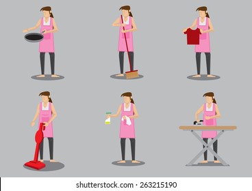 Woman wearing apron doing common household chores. Set of six vector cartoon illustration isolated on grey background.