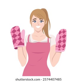 Woman wearing apron and holding oven mitts, symbolizing cooking or baking activities. Flat vector Character Illustration