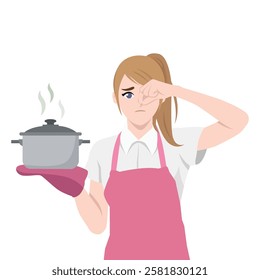 Woman wearing an apron holds a steaming pot with a displeased expression. Cooking Disaster. Flat vector Character Illustration