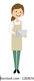 A woman wearing an apron is an illustration for operating a laptop computer.