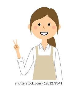 A woman wearing an apron is an illustration to play V sign.