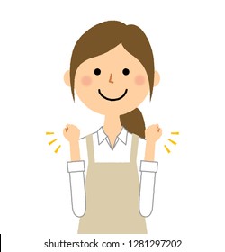 A woman wearing an apron is an illustration playing a Victory pose.