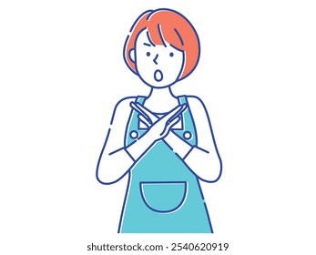 A woman wearing an apron making a cross with her hands