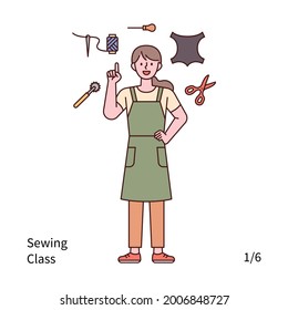 A woman is wearing an apron and pointing to a tool for leather crafting. outline simple vector illustration.