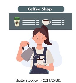  a woman wearing apron pouring coffee into the  mug, coffee maker. Female barista. Vector illustration.