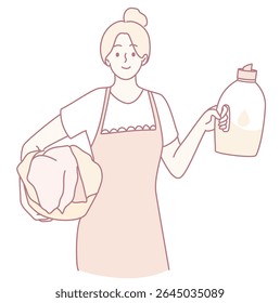 A woman wearing an apron is seen holding laundry along with detergent, representing the essence of household chores