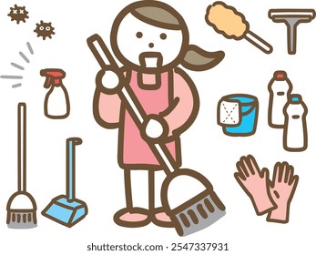 A woman wearing an apron and a set of cleaning tools