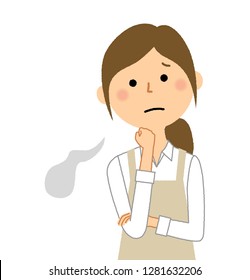 A woman wearing an apron is a sighing illustration.