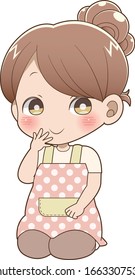 Woman wearing apron sitting on floor