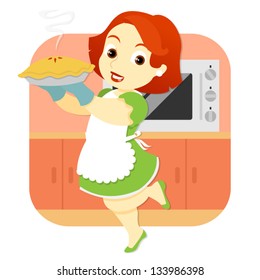 A woman wearing an apron, stands in a kitchen background holding a freshly baked pie, straight from the oven.