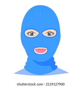 Woman wearing balaclava helmet. Trendy worm headgear for cold weather. Facial mask for the whole head to wear under helmet in flat style. Vector illustration.