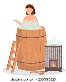 Woman wearing bath towel sits on wooden bench at hot steam sauna. Relaxing and wellness in finnish, russian bath or spa center. Warm therapy female hot steam in sauna bathing character in bathhouse