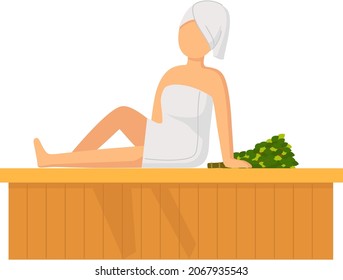 Woman wearing bath towel sits on wooden bench at hot steam sauna. Relaxing and wellness in finnish, russian bath or spa center. Warm therapy female hot steam in sauna bathing character in bathhouse