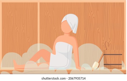 Woman wearing bath towel sits on wooden bench at hot steam sauna. Relaxing and wellness in finnish, russian bath or spa center. Warm therapy female hot steam in sauna bathing character in bathhouse