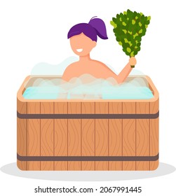 Woman wearing bath towel sits on wooden bench at hot steam sauna. Relaxing and wellness in finnish, russian bath or spa center. Warm therapy female hot steam in sauna bathing character in bathhouse