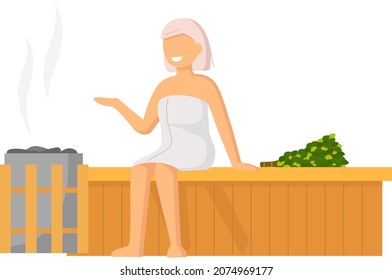 Woman wearing bath towel sits on wooden bench at hot steam sauna. Relaxing and wellness in finnish, russian bath or spa center. Warm therapy female hot steam in sauna bathing character in bathhouse