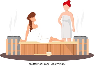 Woman wearing bath towel sits on wooden bench at hot steam sauna. Relaxing and wellness in finnish, russian bath or spa center. Warm therapy female hot steam in sauna bathing character in bathhouse