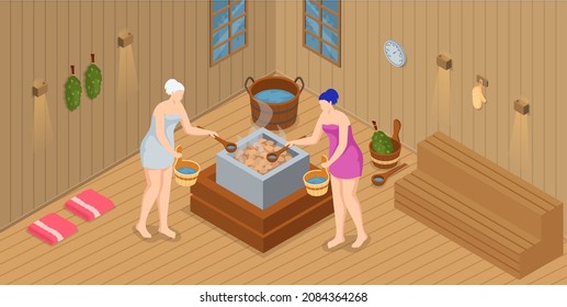 Woman wearing bath towel sits on wooden bench at hot steam sauna. Relaxing and wellness in finnish, russian bath or spa center. Warm therapy female hot steam in sauna bathing character in bathhouse
