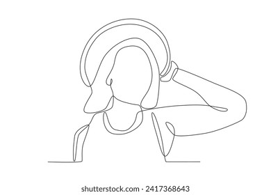 A woman wearing a beach hat. Beach one-line drawing