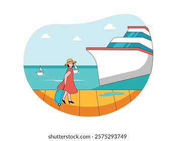 Woman wearing beach hat and red dress pulling suitcase, walking to cruise ship for vacation tour. Character design. Vector flat illustration