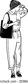 Woman wearing beanie hat Hipster street wear City people lifestyle Hand drawn line art illustration