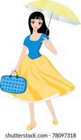 woman wearing beautiful dress?package and Umbrella?went to shopping