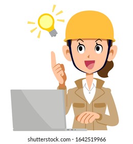 A woman wearing a beige clothes in the construction industry  who operates a computer with an idea flashing 