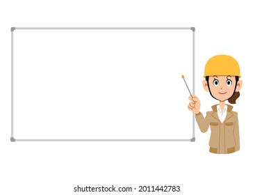 A woman wearing beige work clothes and a helmet to explain with materials and a pointer, and a simple whiteboard