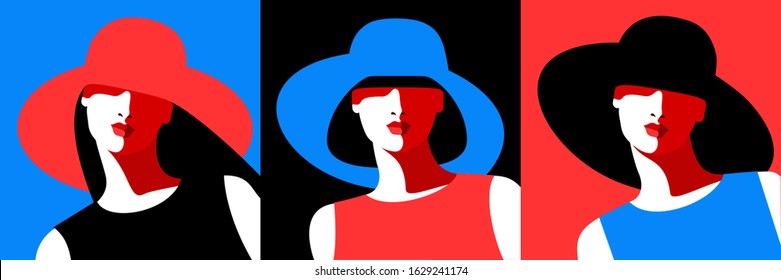 Woman wearing big hat. Three variants of abstract female portraits. Flat isolated images, blue, black and red backgrounds. Vector illustration