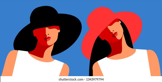 Woman wearing big hat. Two abstract female portraits. Vector illustration