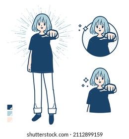 A woman wearing a big size T-shirt with Pointing to the front images.It's vector art so it's easy to edit.