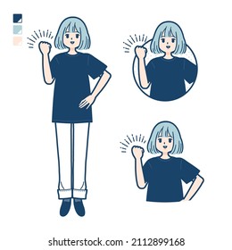 A woman wearing a big size T-shirt with fist pump images.It's vector art so it's easy to edit.