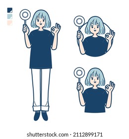 A woman wearing a big size T-shirt with Put out a circle panel images.It's vector art so it's easy to edit.