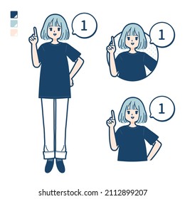 A woman wearing a big size T-shirt with Counting as 1 images.It's vector art so it's easy to edit.