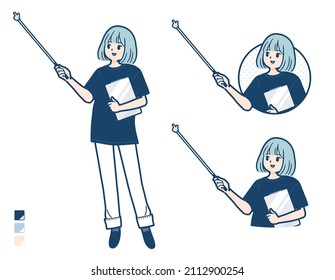 A woman wearing a big size T-shirt with Explanation with a pointing stick images.It's vector art so it's easy to edit.