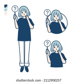 A woman wearing a big size T-shirt with Put out a question panel images.It's vector art so it's easy to edit.