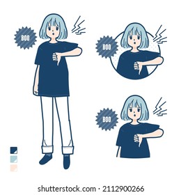 A woman wearing a big size T-shirt with Booing images.It's vector art so it's easy to edit.