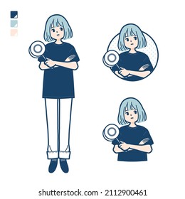 A woman wearing a big size T-shirt with Think about the answer images.It's vector art so it's easy to edit.