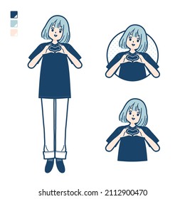 A woman wearing a big size T-shirt with making a heart symbol by hand images.It's vector art so it's easy to edit.