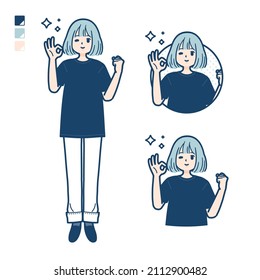 A woman wearing a big size T-shirt with OK sign images.It's vector art so it's easy to edit.