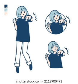 A woman wearing a big size T-shirt with Punch in front images.It's vector art so it's easy to edit.