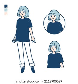 A woman wearing a big size T-shirt with Relaxed pose images.It's vector art so it's easy to edit.