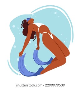 Woman Wearing Bikini Diving. Swimmer Female Character Propels Through Water With Powerful Strokes, Arches Back And Lifts Legs Submerging To Explore Underwater World. Cartoon People Vector Illustration