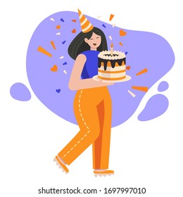 A woman wearing a birthday cap holds a cake in her hands and smiles. Birthday congratulations, anniversary or other holiday. Vector flat or cartoon illustration for celebration postcard, banner, email