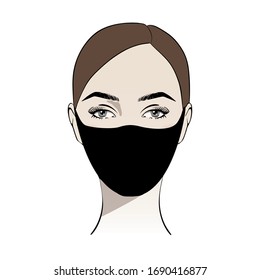 Woman wearing black disposable medical surgical face mask to protect against high air toxic pollution city. stop the spread of viruses, help prevent hand-to-mouth transmissions. Vector illustration