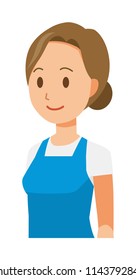 A woman wearing a blue apron. oblique angle