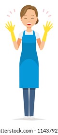 A woman wearing a blue apron and rubber gloves is spreading her hands